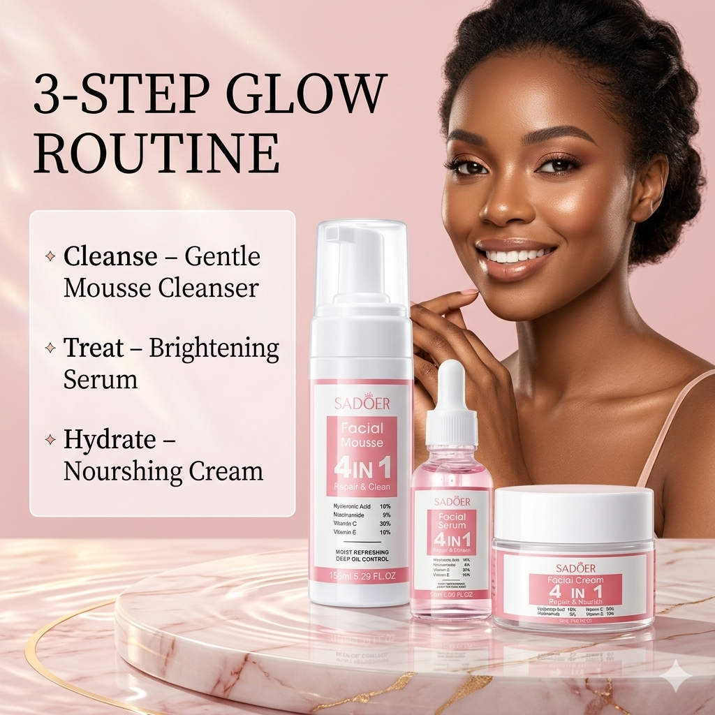 4-IN-1 Radiance Skincare Combo – Niacinamide, Vitamin C, Vitamin E & Hyaluronic Acid for Glowing Skin.