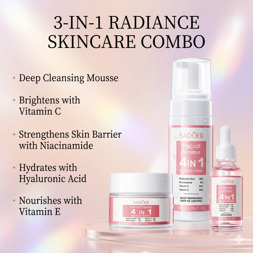 4-IN-1 Radiance Skincare Combo – Niacinamide, Vitamin C, Vitamin E & Hyaluronic Acid for Glowing Skin.